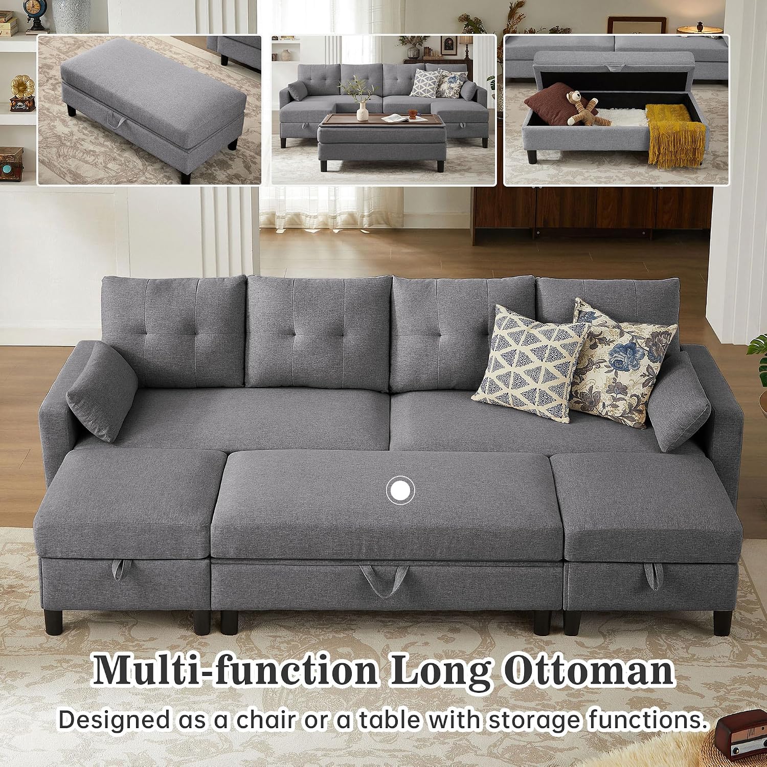 101" Convertible Sectional Sofa with Ottoman Coffee Table, Modern Linen Fabric U-Shaped Couch with Storage Pocket, 4 Seat Sofa Couches for Living Room, Apartment, Office, LightGrey