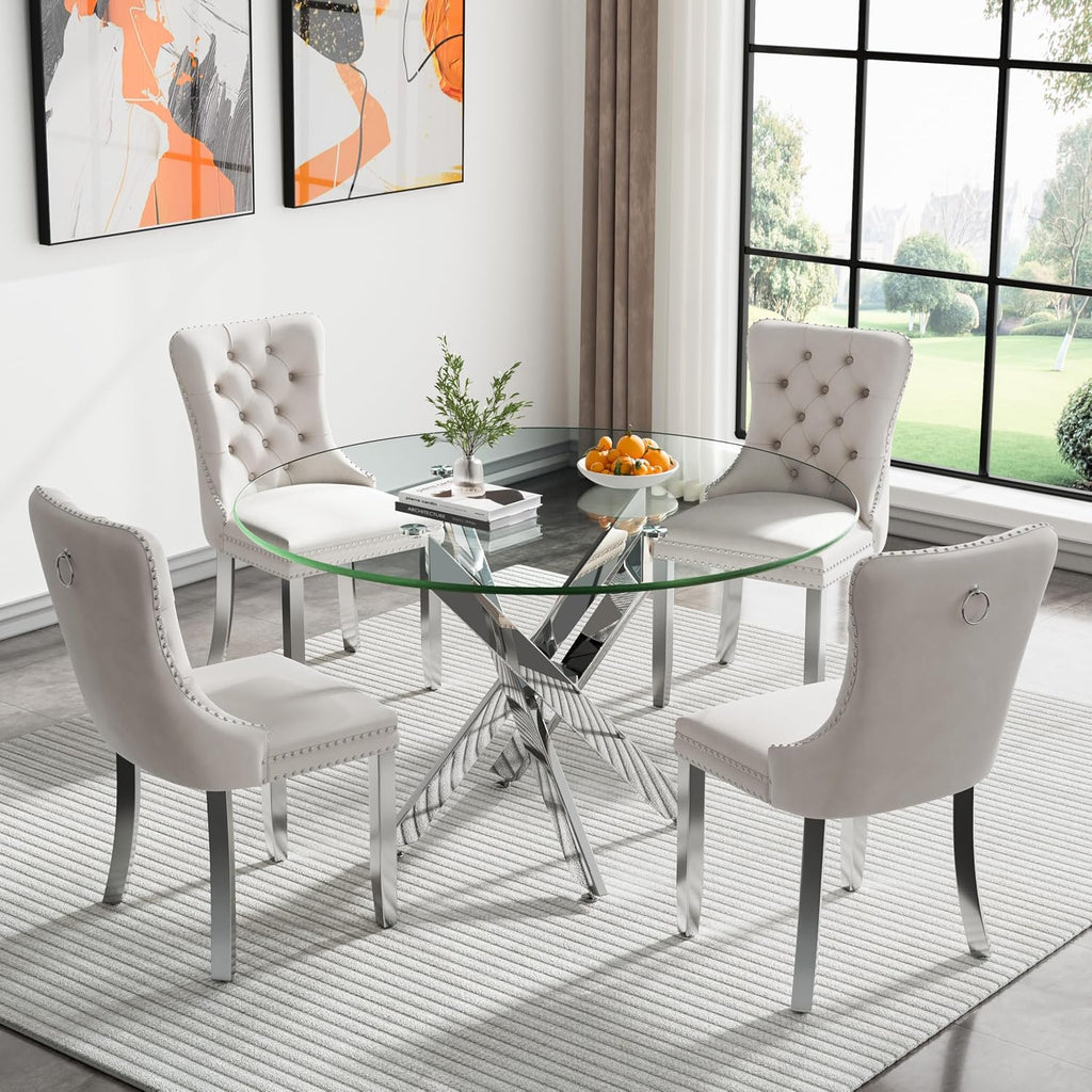 Round Glass Dining Table Set for 4, Small Kitchen Table Set for 4, 47" Round Glass Table and Chairs Set of 4, 5 Piece Round Dining Room Table Set with Beige Velvet Chairs for Breakfast Dinette Cafe