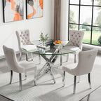 Round Glass Dining Table Set for 4, Small Kitchen Table Set for 4, 47" Round Glass Table and Chairs Set of 4, 5 Piece Round Dining Room Table Set with Beige Velvet Chairs for Breakfast Dinette Cafe