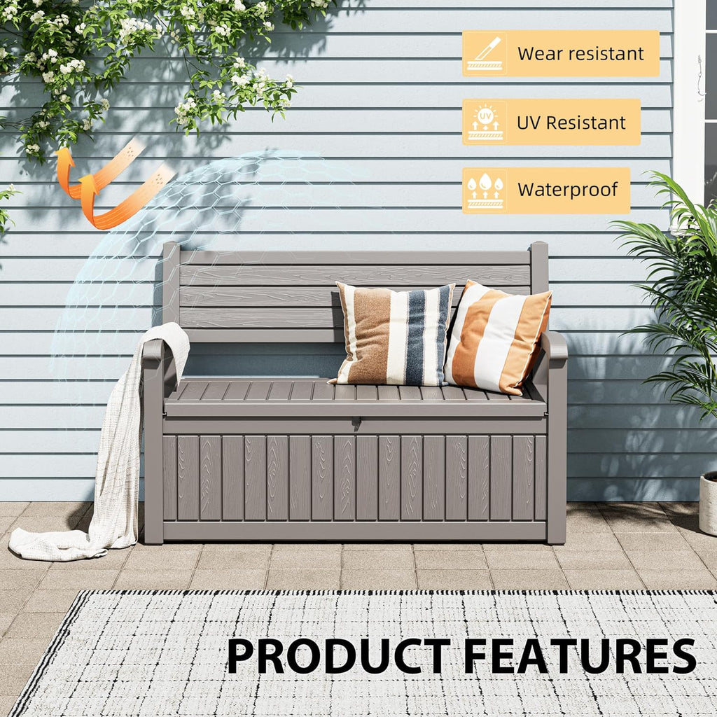 80 Gallon Lockable Deck Bench with Storage, Resin Stripes Outdoor Storage Box, Waterproof Outdoor Porch Bench for Cushions Garden Tools, and Pool Supplies, Grey