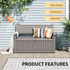 80 Gallon Lockable Deck Bench with Storage, Resin Stripes Outdoor Storage Box, Waterproof Outdoor Porch Bench for Cushions Garden Tools, and Pool Supplies, Grey
