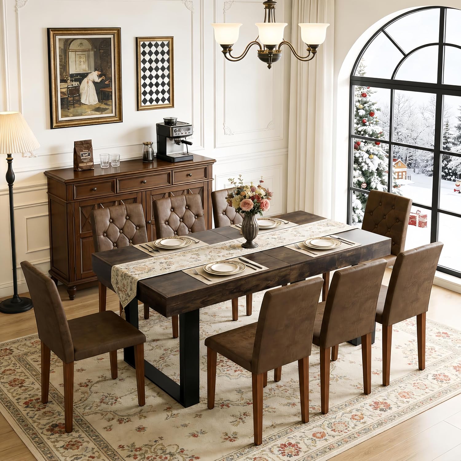 63"-79" Expandable Dining Table Set for 8, Wood Rectangle Dining Table and 8 Brown Faux Suede Chairs, Suitable for Home,Kitchen Dining Room,Farmhouse