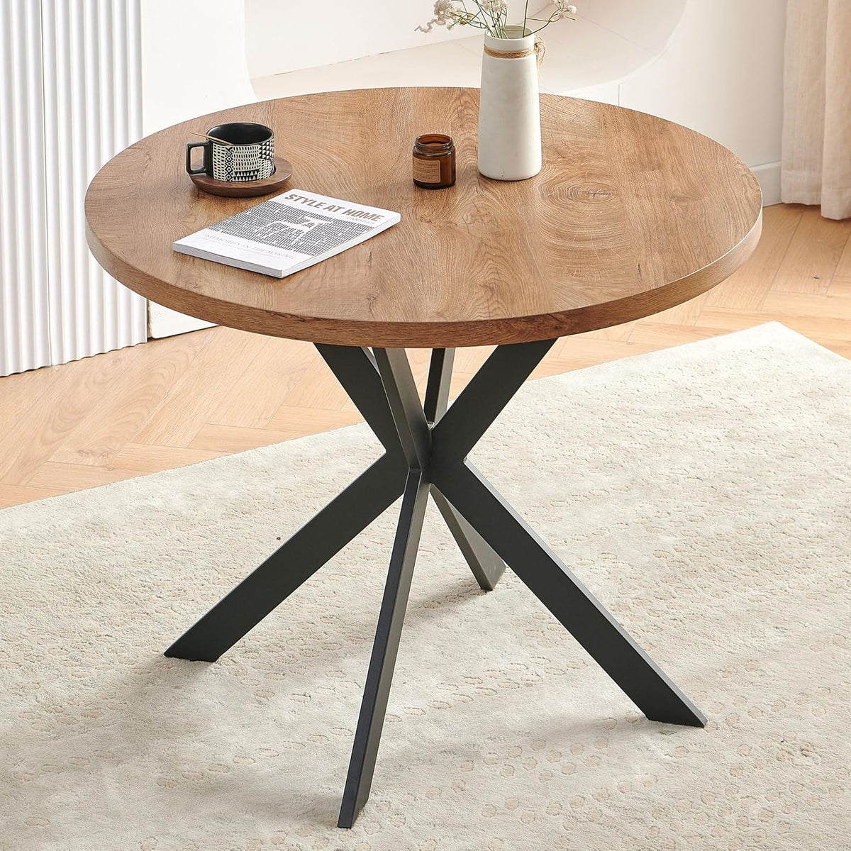 37 Inch Round Dining Table Set for 2, Modern Small Circle Kitchen Coffee Set for Apartment Living Room Office, Save Space(1 Wooden Table + 2 White Boucle Chairs)