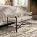 24/7 Shop at Home Lalia Upholstered 48-inch Metal Bench with Padded Roll Arms, Beige Fabric Seat, Hammered Forged Steel Frame, Modern Bedroom or Entryway, Matte Gray