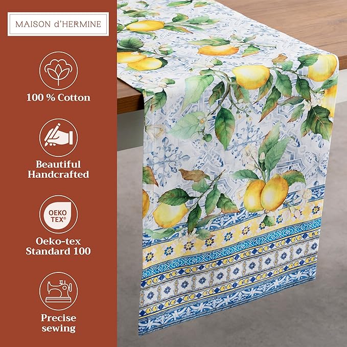 Maison d' Hermine Table Runner 100% Cotton Single Layer Table Runners 72 inches Long Decorative for Home Kitchen Dining Party Baby Shower Wedding Bridal Shower Spring Summer (Citrus, 14.50" x 72")