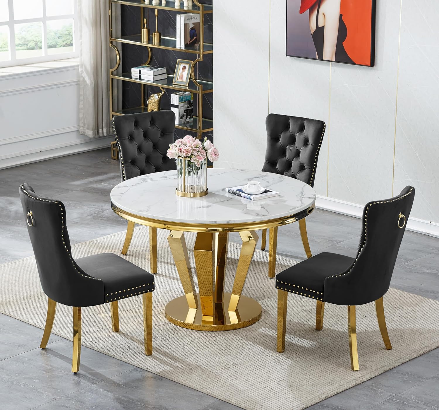 Henf Luxury Round Dining Table for 4-6 White Gold 45" Faux Marble Kitchen Table with Mirrored Stainless Steel Legs, Contemporary Modern Circle Dining Room Table (Table Only)