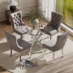 Modern Silver Round Glass Dining Table Set for 4, 36'' Luxury Minimalist Circle Dinette Room Set, 5 PCS Clear Circular Glass Top Kitchen Set, Grey High-end Tufted Chairs, for Small Place