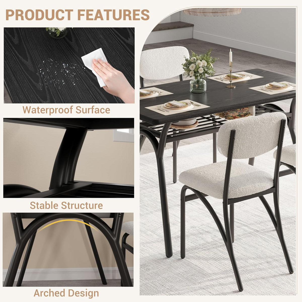 GarveeHome 5-Piece Dining Table Set for 4, Modern Kitchen Table with 4 Boucle Chairs, Rectangular Dining Table with Storage Shelf & Marble Tabletop, Home Dining Furniture for Small Space, Beige+Black