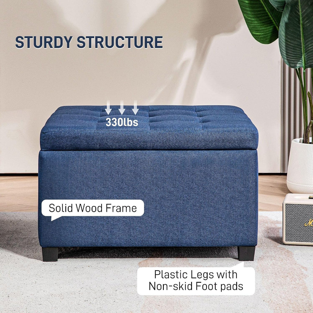 Round Storage Button Tufted Flip Top Ottoman in Elegant Blue Velvet with Comfortable Upholstery and Premium Quality Modern Style