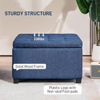 Round Storage Button Tufted Flip Top Ottoman in Deep Blue Velvet Fabric Comfortable Upholstery and Modern Design