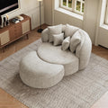 53.5" Oversized Round Chaise Lounge with Ottoman, Chenille, Beige White | Deep Seating Chair, Soft Chenille, a Matching Ottoman Offer Cloud-like Comfort for Reading, Lounging and Relaxing