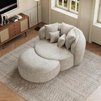 53.5" Oversized Round Chaise Lounge with Ottoman, Chenille, Beige White | Deep Seating Chair, Soft Chenille, a Matching Ottoman Offer Cloud-like Comfort for Reading, Lounging and Relaxing