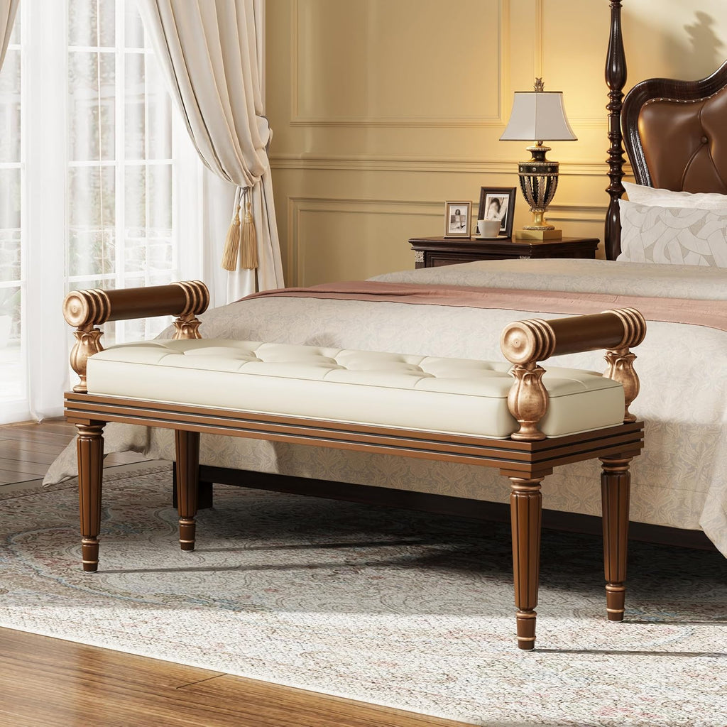 Christopher Knight Home Yae Luxurious PU Leather Upholstered End of Bed Ottoman, Wooden Living Room Ottoman Bench with Fluted Legs/Cylindrical Arm, Long Entryway Bench with Button Tufting, Brown+Beige
