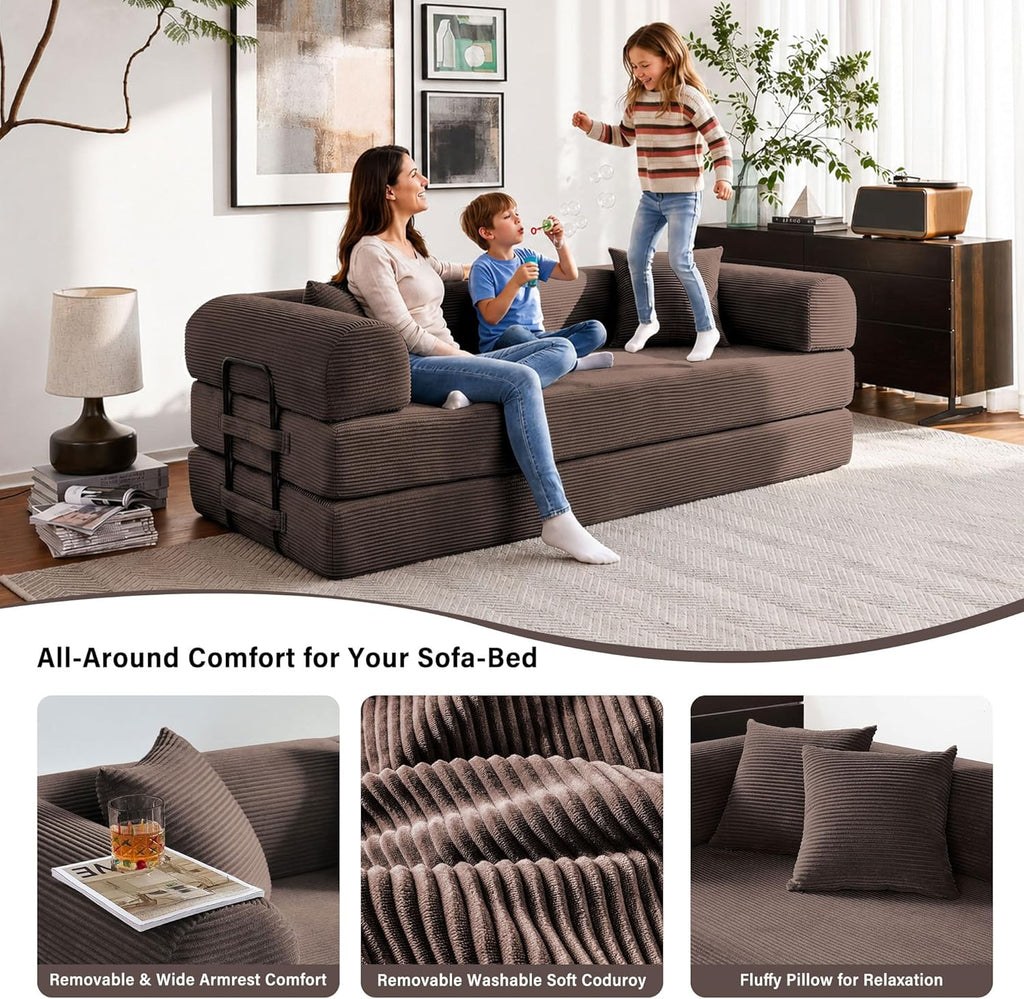 79" Convertible Sofa Bed, 5-in-1 Corduroy Couch Bed Sofa Pull Out, Memory Foam Couch, No Assembly Futon Couches for Living Room (Brown)