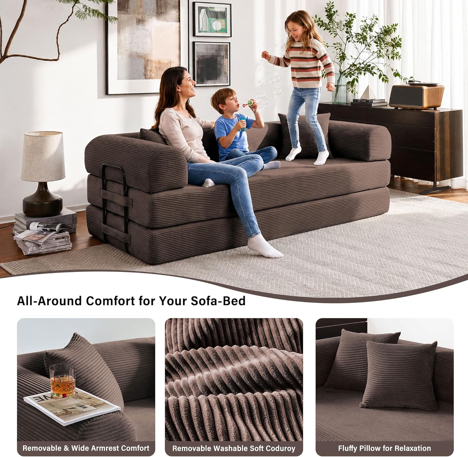 79" Convertible Sofa Bed, 5-in-1 Corduroy Couch Bed Sofa Pull Out, Memory Foam Couch, No Assembly Futon Couches for Living Room (Brown)