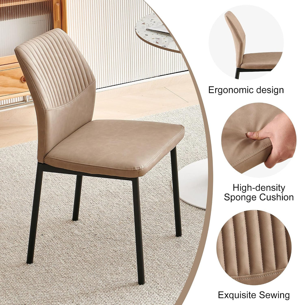 Dining Chairs Set of 6, Beige PU Leather Dining Chairs, Comfortable Upholstered Armless Kitchen Chairs with Black Metal Legs for Living Room, Dining Room, Kitchen