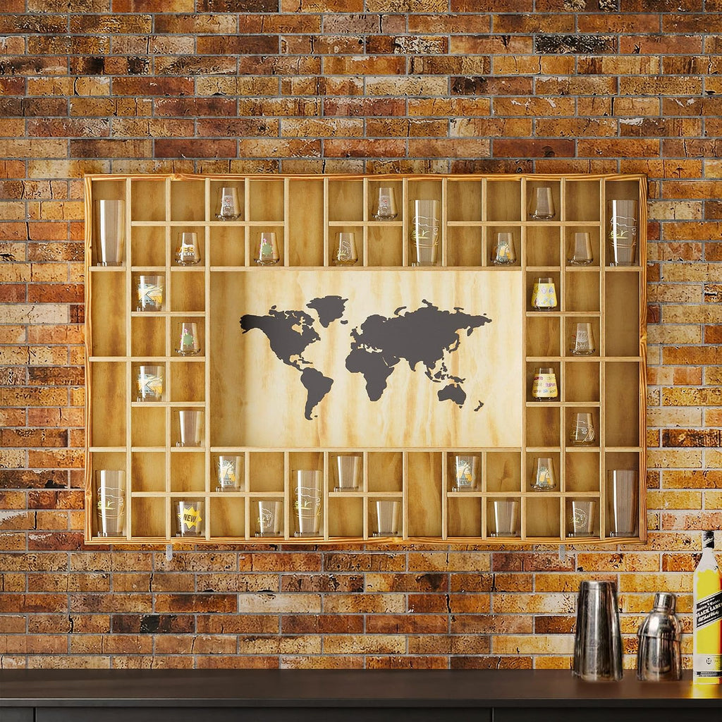 68 Large World Map Shot Glass Display Case Rustic Shot Glass Holder 37x 24.4in Brown Wood Shelf for 2 Different Sizes Glasses Shelf Wall Mount Storage Cabinet for Bar Home Kitchen