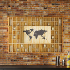 68 Large World Map Shot Glass Display Case Rustic Shot Glass Holder 37x 24.4in Brown Wood Shelf for 2 Different Sizes Glasses Shelf Wall Mount Storage Cabinet for Bar Home Kitchen