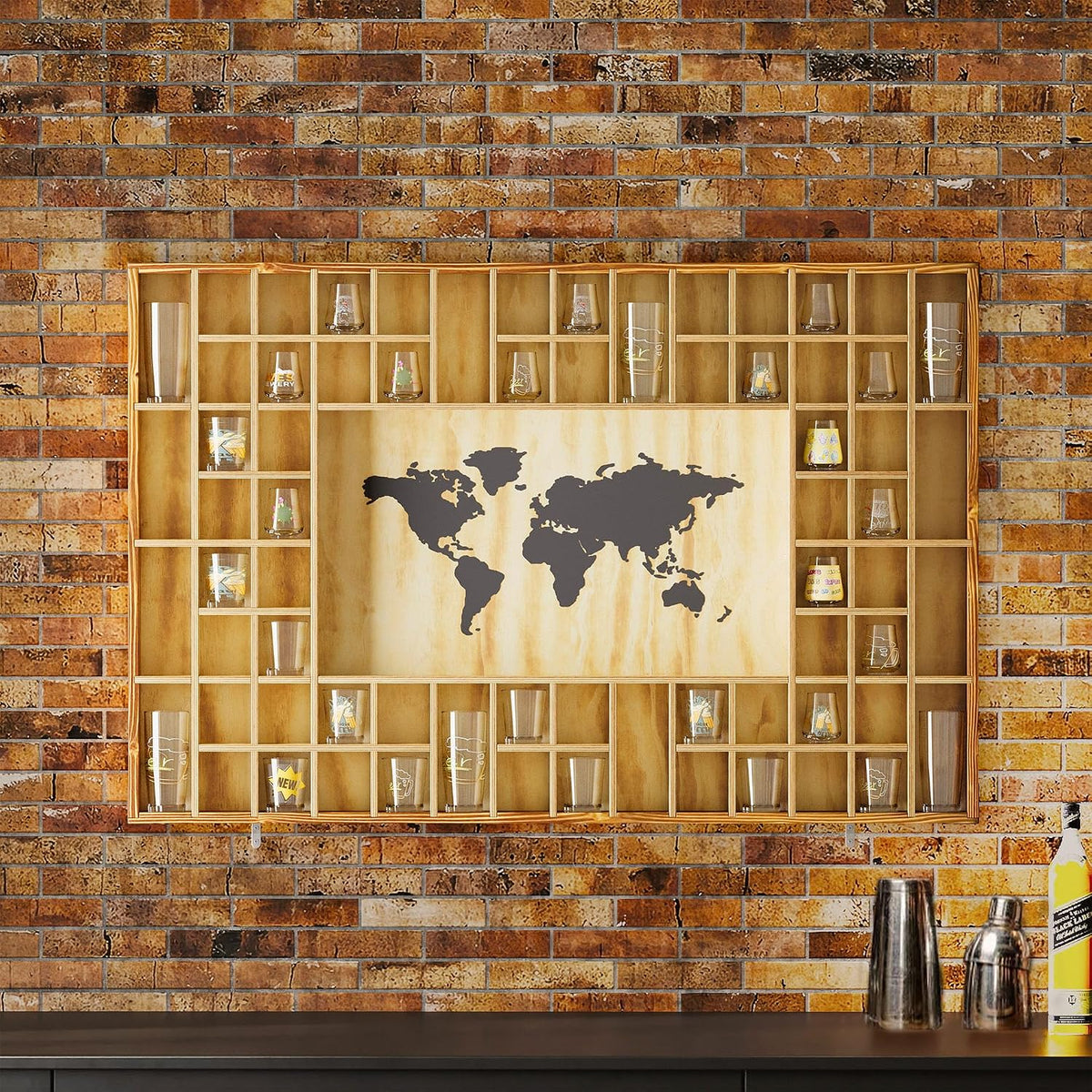 68 Large World Map Shot Glass Display Case Rustic Shot Glass Holder 37x 24.4in Brown Wood Shelf for 2 Different Sizes Glasses Shelf Wall Mount Storage Cabinet for Bar Home Kitchen