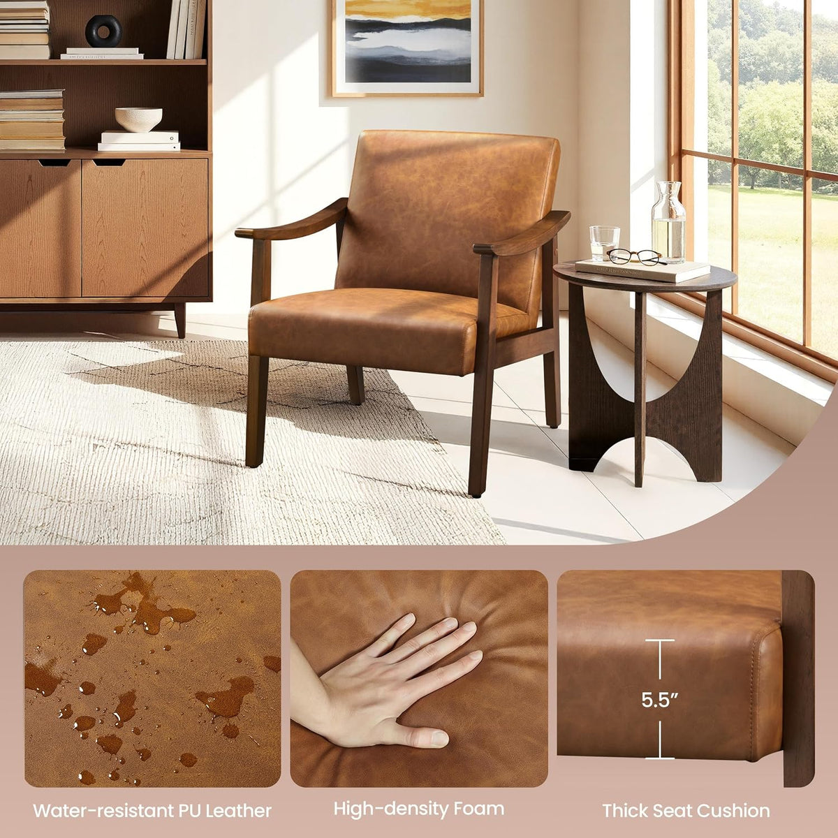 Yaheetech Accent Chair, Mid-Century Armchair with High Back Brown | Faux Leather Chair with Solid Wood Legs, Cozy Reading Leisure Chair for Living Room, Bedroom, Waiting Room