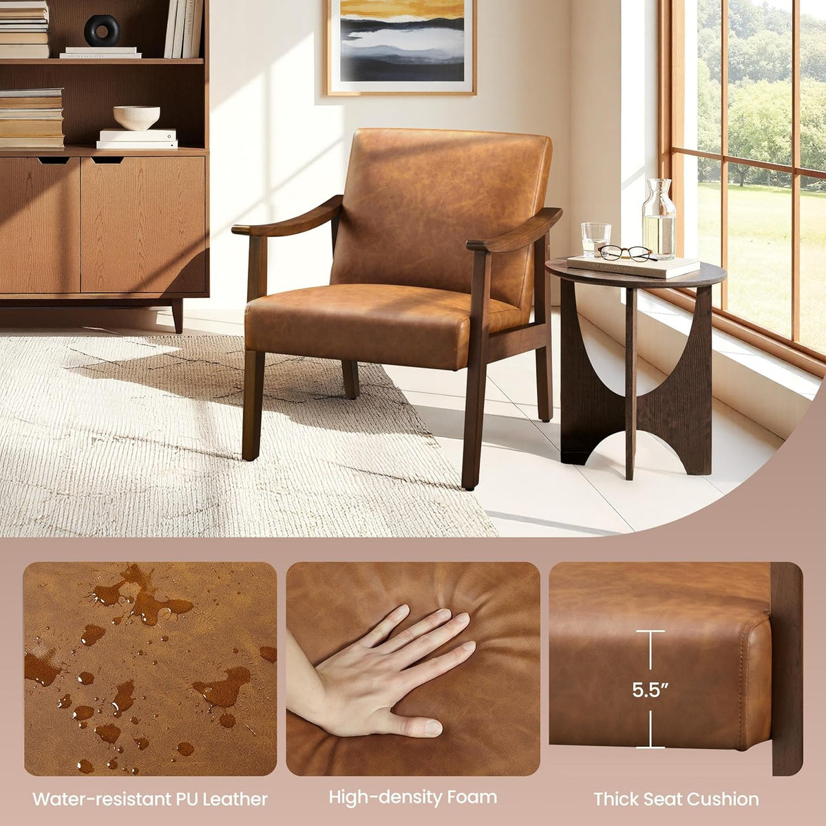 Yaheetech Accent Chairs Set of 2, Mid-Century Faux Leather Armchairs Brown | Cushioned Club Chairs with Supportive Sloped Backrests and Sturdy Wood Arms Fit Small Living Rooms, Offices, Reading Nook