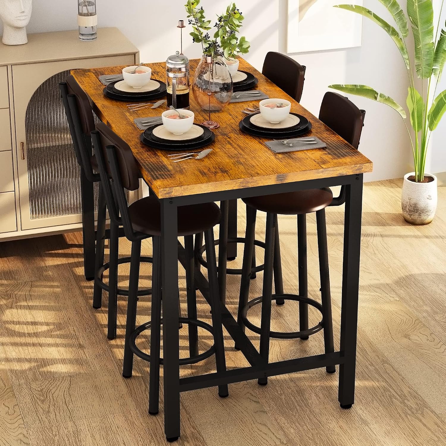 Lamerge Bar Table Set for 4 Kitchen Table and Chairs Set, Industrial Dinner Table with 4 PU Upholstered Stools Kitchen Pub Table for Kitchen, Space Saving, Restaurant (Rustic Brown and Black)