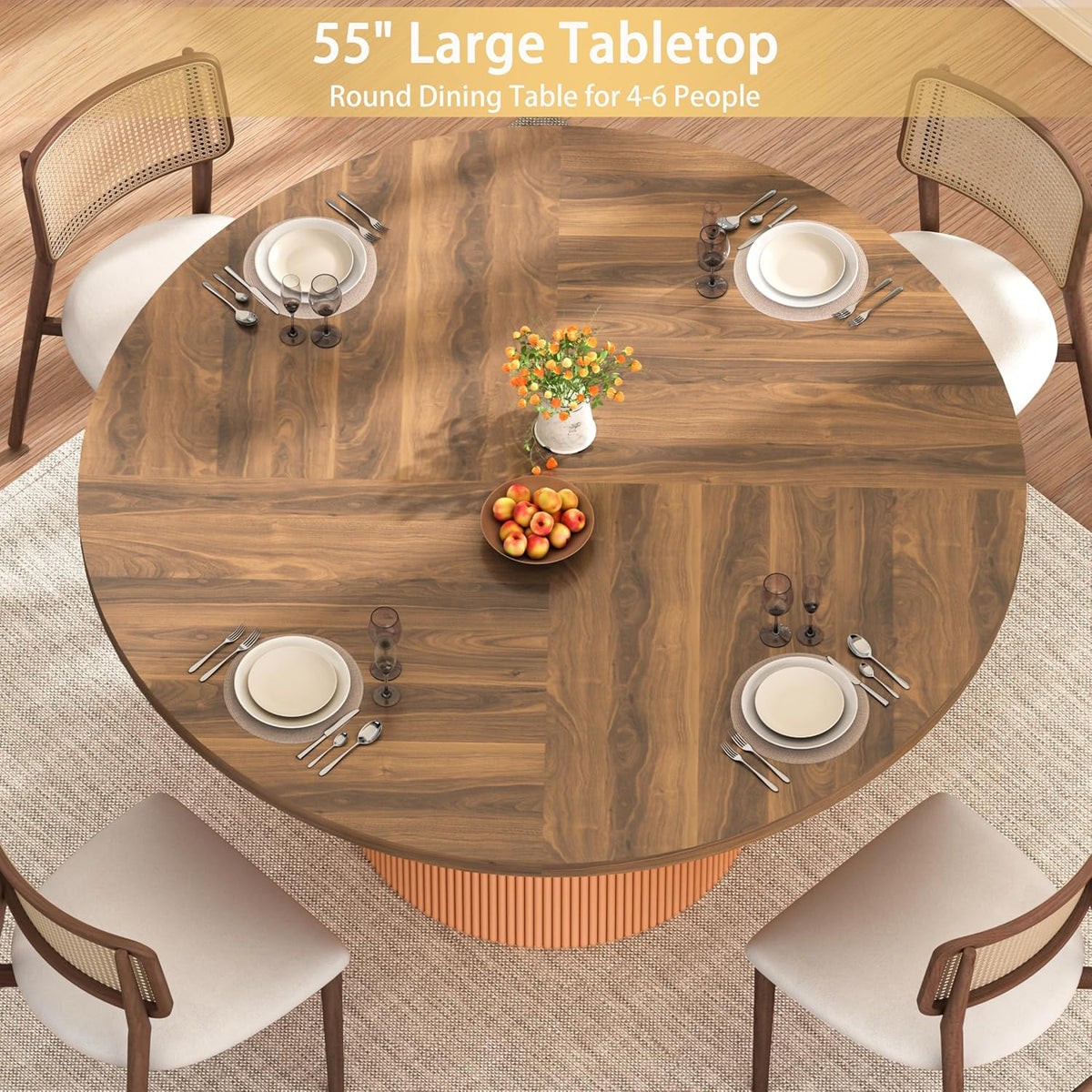 55 inch Round Dining Table for 4-6 People, Modern Farmhouse Dining Kitchen Table with Fluted Cylindrical Pedestal Base for Dining Room, Living Room, Kitchen, (Chairs Not Included)
