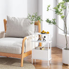 End Table with Storage Basket, Small Narrow Side Table for Bedroom Living Room, 3-Tier Slim Bedside Table, 25" H Nightstand with Fabric Shelf, White