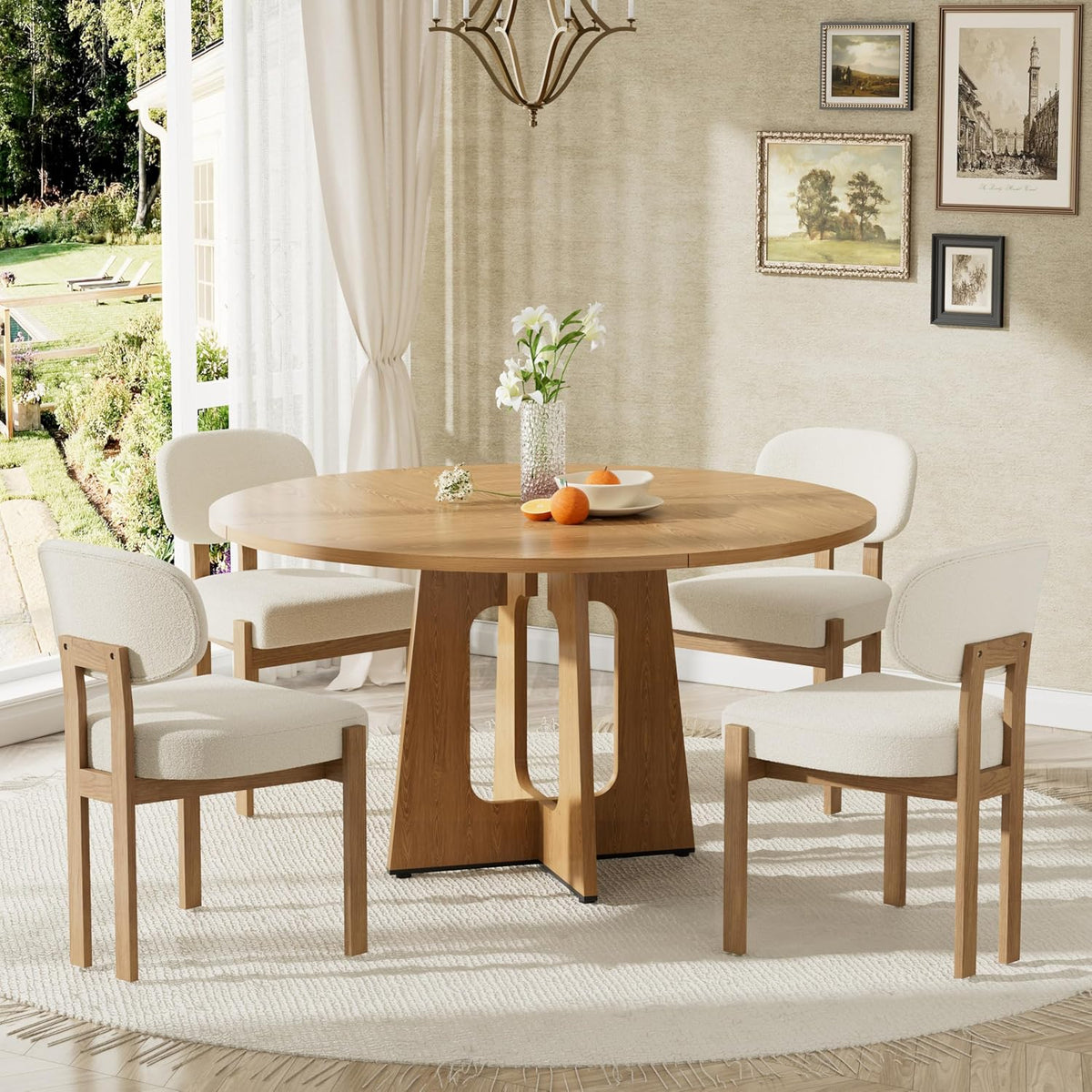 Modern 5-Piece Dining Table Set with 4 Chairs,Oak Round MDF Dining Table, Beige Fabric Upholstered Chairs with Natural Wood Legs for Kitchen Dining Room Home