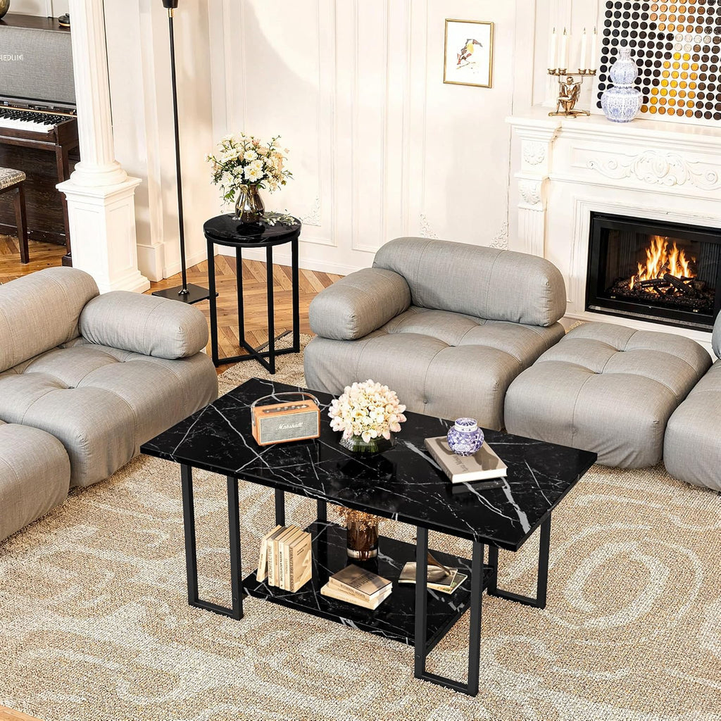 Lamerge 3 Pieces Living Room Table Set, Faux Marble Coffee Table with 2 Round End Side Tables, Coffee Table Set with Metal Frame for Apartment Home Office, Black