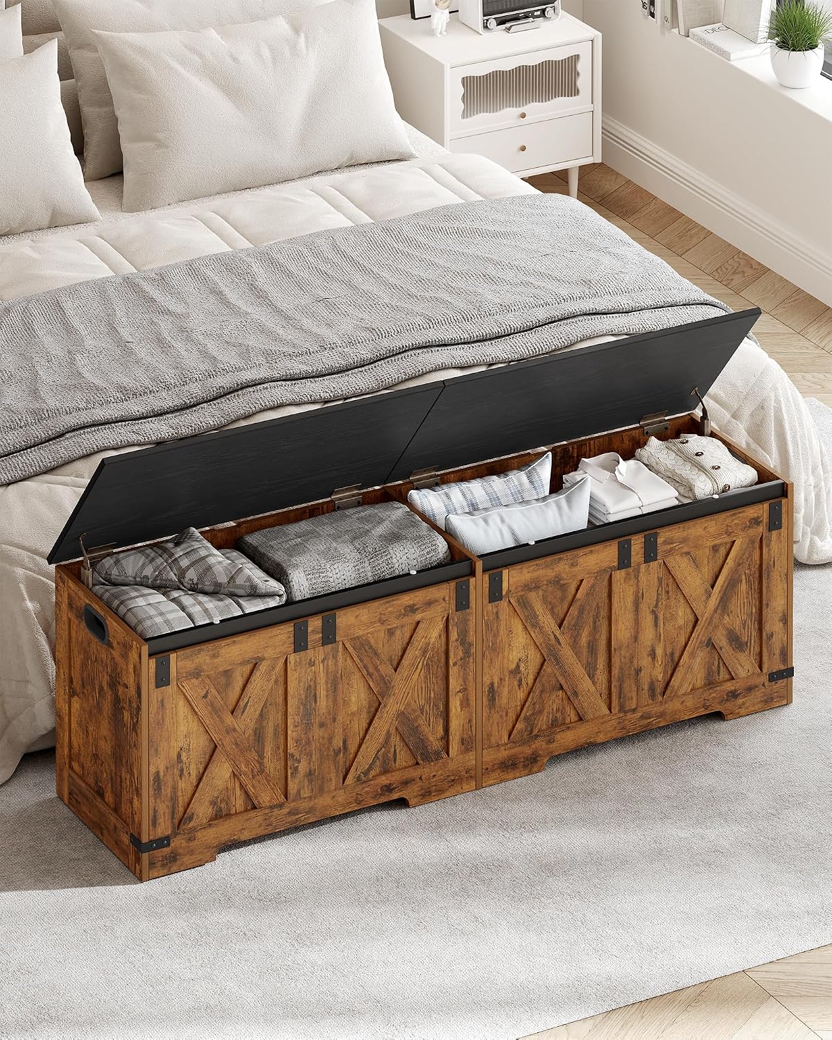Hzuaneri 59" Farmhouse Storage Chest and Bench | 70 Gal | 330lb Seat | Soft-Close Hinges | Rustic Brown | Shoe and Blanket Storage for Bedroom, Living Room, Entryway | Easy Assembly | SB15001X