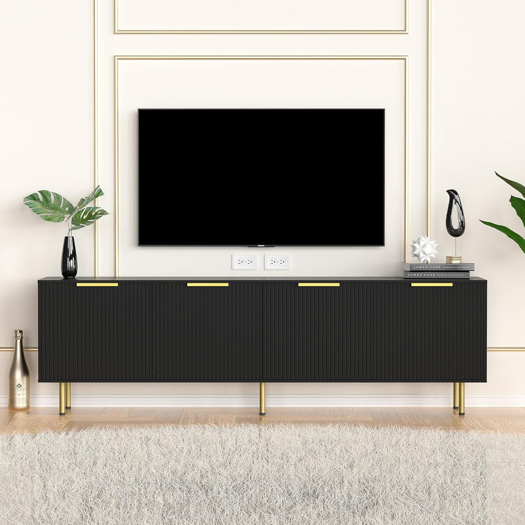 TV Stand for 80 Inch TV, Fluted TV Stand for Living Room, Mid Century Modern TV Stand with Adjustable Shelf, TV Entertainment Center with Storage for Bedroom, 70Inch, Black