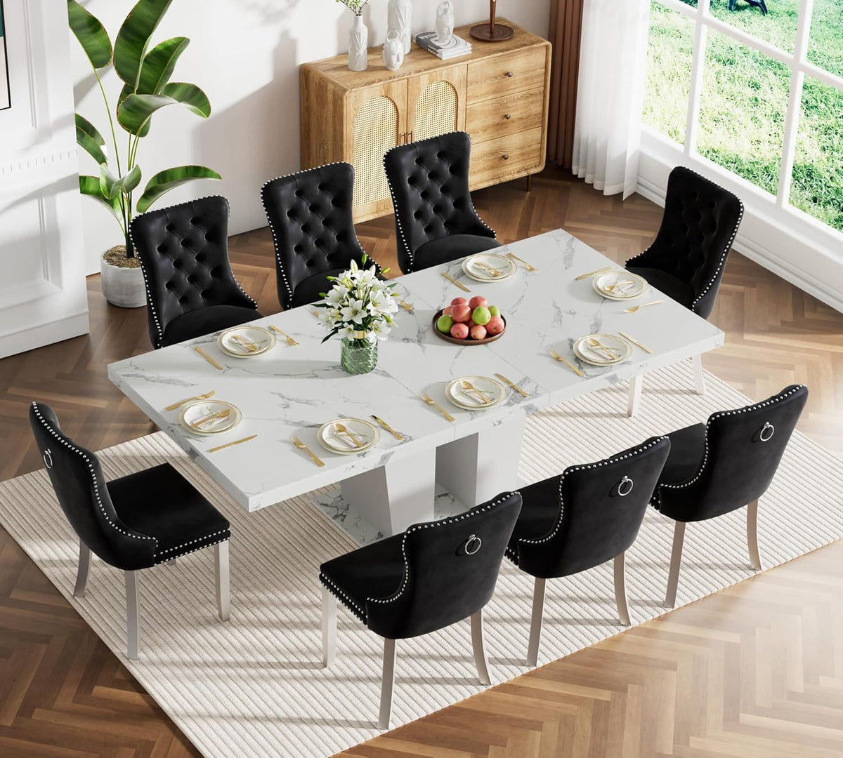 78.74" Extendable Dining Table for 6 8 10 Person, Modern White Faux Marble Expandable Kitchen Table with Dual Column Pedestal, Large Rectangle Wooden Expanding Table for Kitchen Dining Conference Room