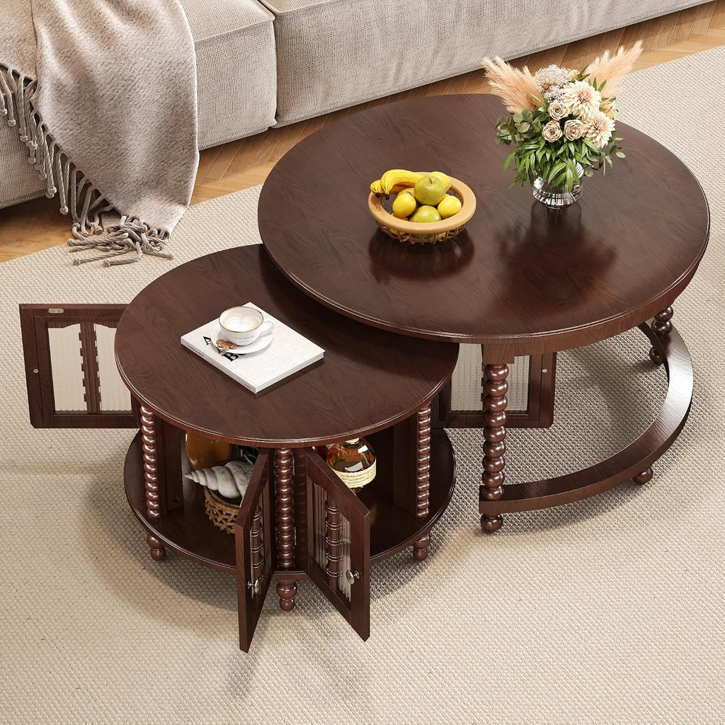 32" Vintage Designed Stacking Nesting Tables, Set of Nesting Tables with Hidden Storage Cabinet, Side Tables with Classic Retro Decor for Indoor Home Spaces, Walnut