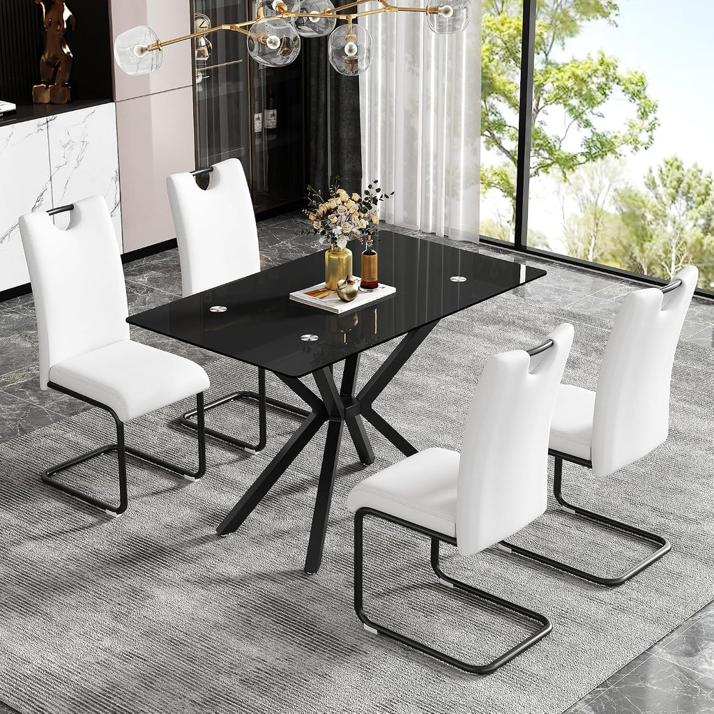 47.24 Inch Rectangular Glass Dining Table Modern Kitchen Glass Top Table for 4 with Black Metal Legs, Clear Dining Table Kitchen Table for Home Office Dining Room