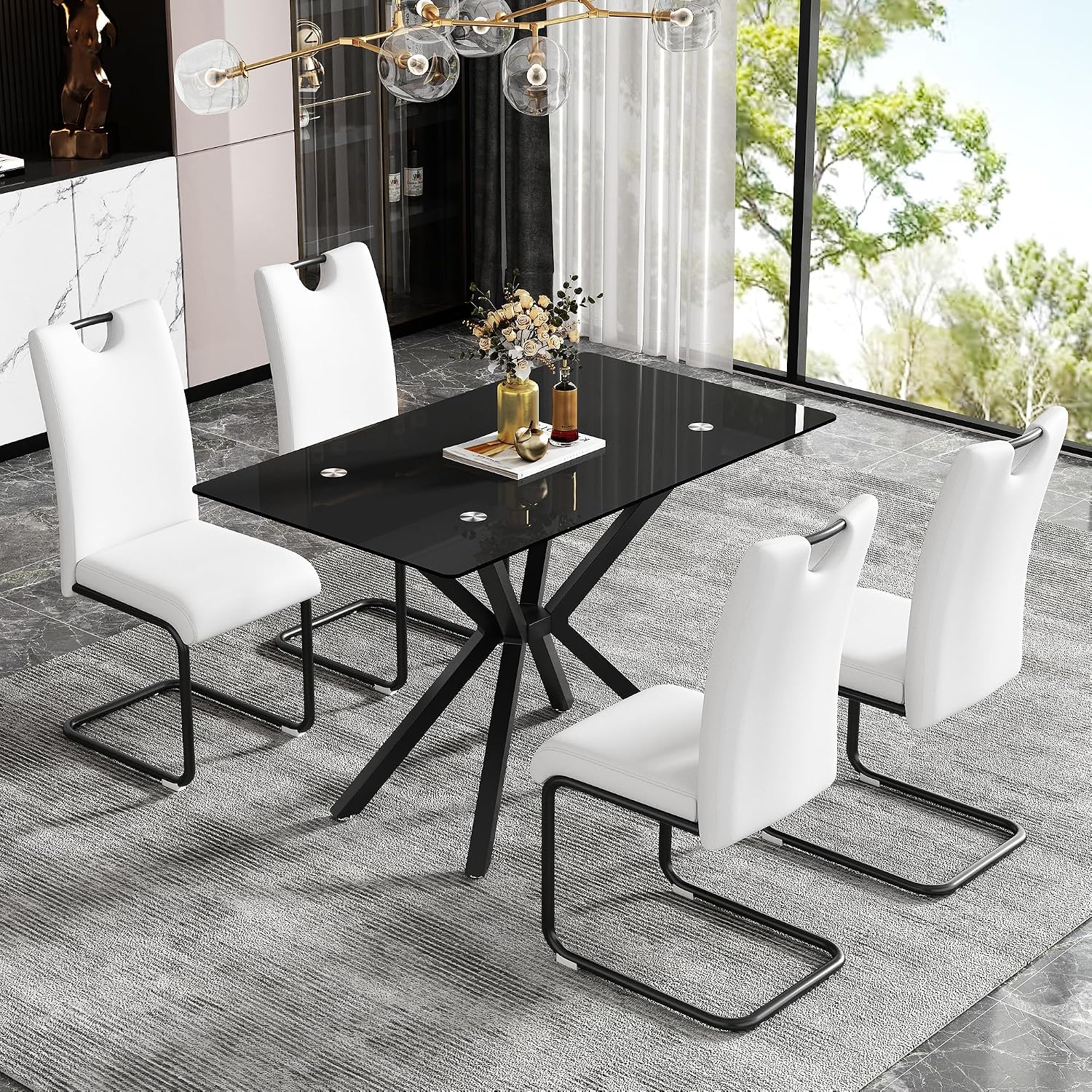 47.24 Inch Rectangular Glass Dining Table Modern Kitchen Glass Top Table for 4 with Black Metal Legs, Clear Dining Table Kitchen Table for Home Office Dining Room