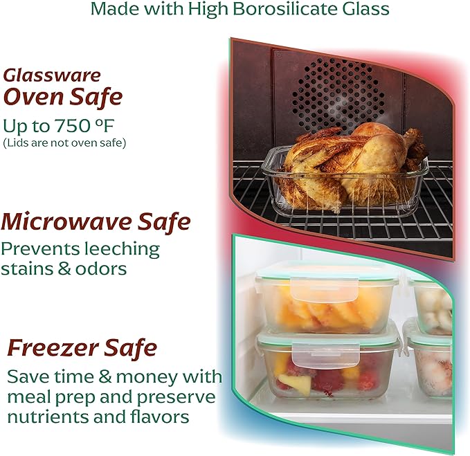 Fusion Gourmet 8 Pack 35 oz Glass Storage Containers with Lids - Airtight, Leakproof, Oven, Microwave & Freezer Safe, Stain & Odor Resistant, Reusable Meal Prep Containers (16-Piece)