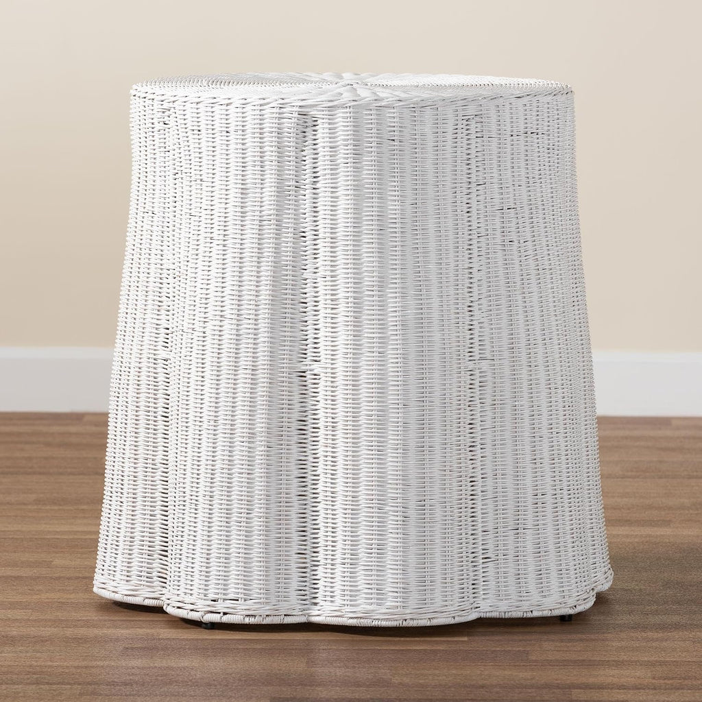 Bali & pari Palm Scallop Rattan Console Table – Handwoven Wicker Round Accent Table for Living Room, Sunroom or Foyer Place, Coastal Boho Style in White