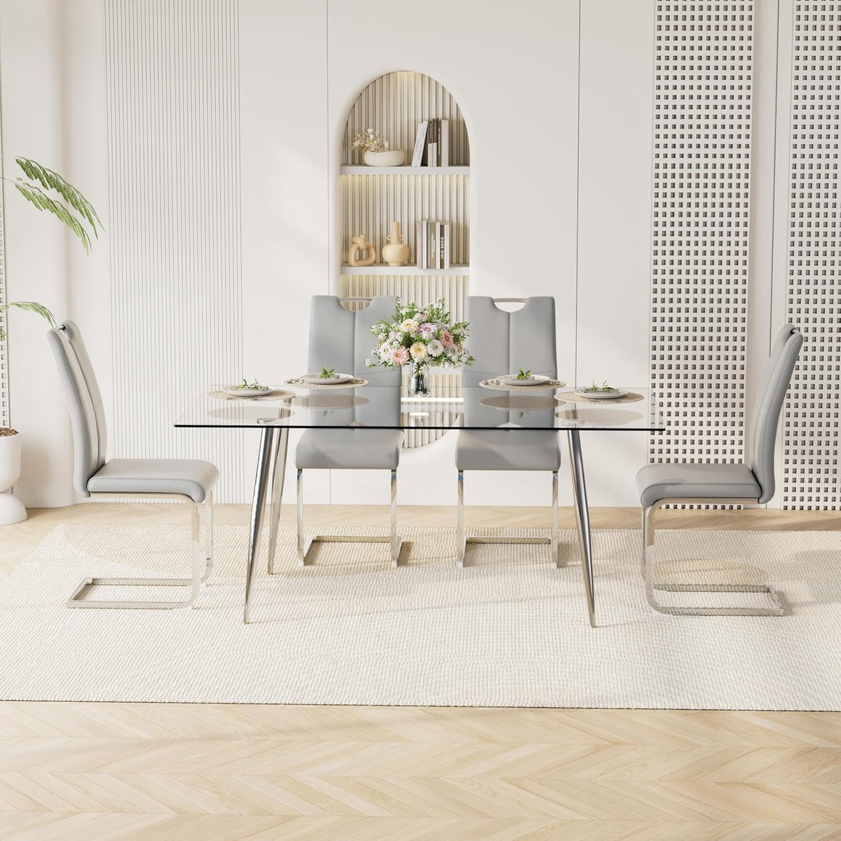 63" Modern 5-Piece Dining Table Set for 4 Rectangular Glass Table with 4 Upholstered Leather Chairs, Seats 4 Ideal for Kitchen Dining Room(Gray&Silver)