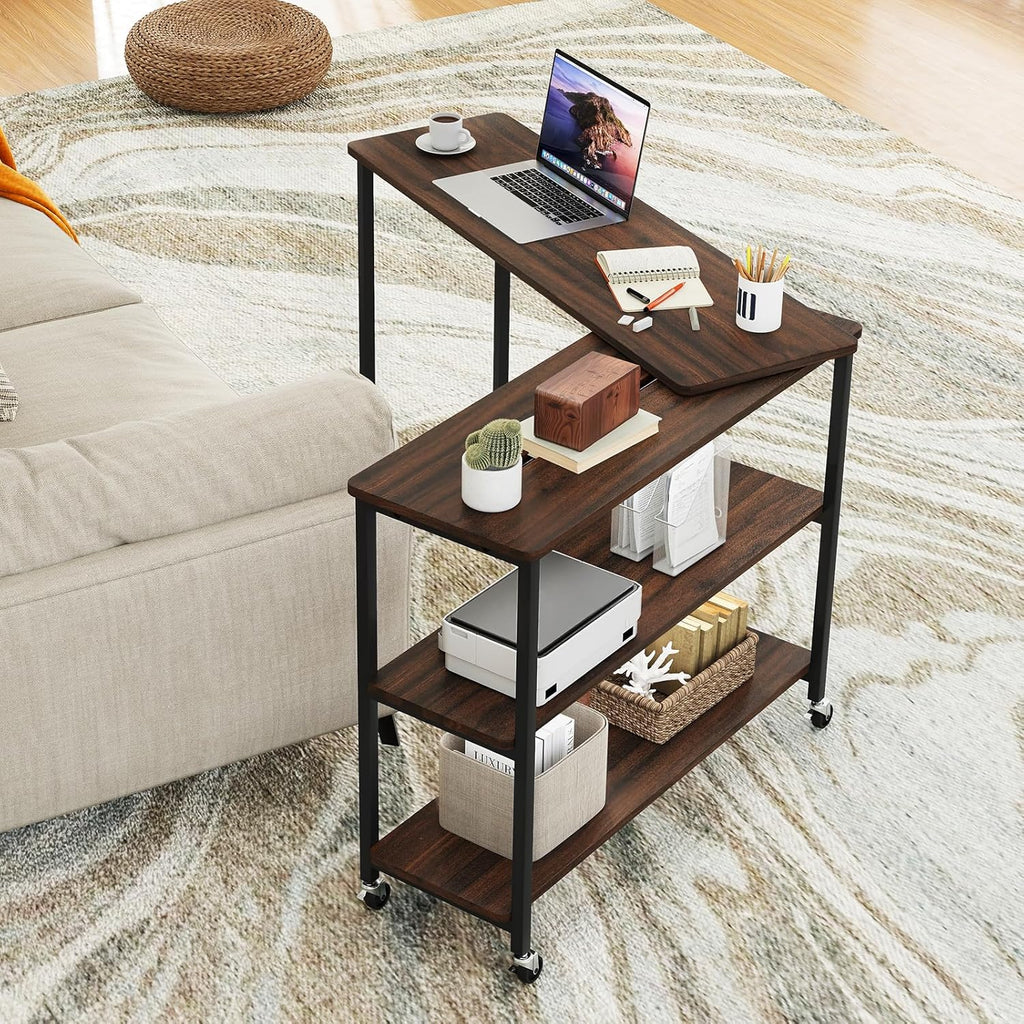 Tangkula Large 360° Free Rotating Sofa Side Table, Patented Mobile Couch Desk with 2-Tier Storage Shelves, Movable Laptop Desk with Sturdy Metal Frame, Extendable Couch Snack Table for Home Office