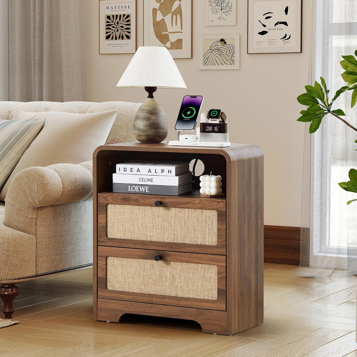 Farmhouse Nightstand with Charging Station, Night Stand with 2 Drawers, Mid-Century End Table with Linen Decor Storage for Livng Room Sofa Couch, Bedroom, Home Office 19.68"x13.77"x23.62"