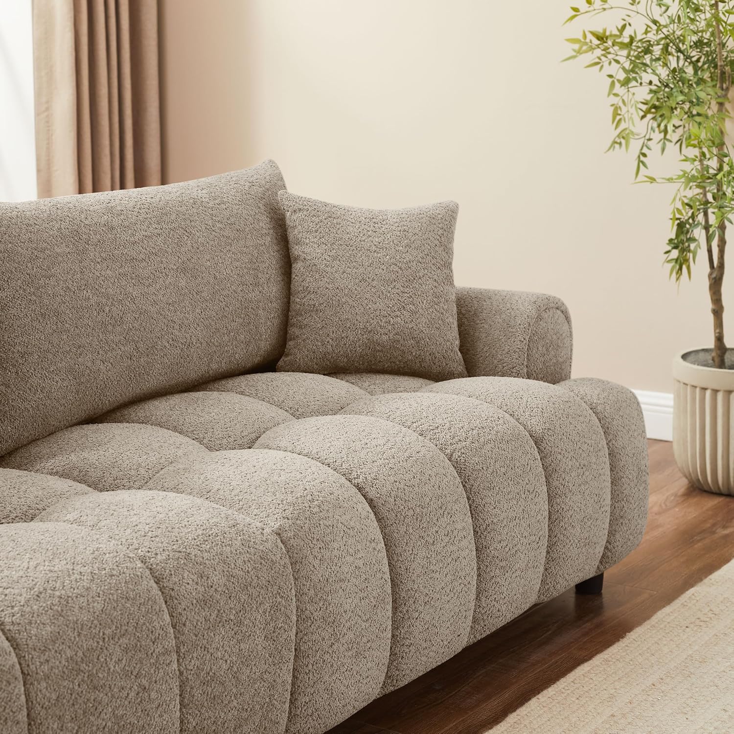 VANOMi Boucle Sofa Couch, 91" Comfy Tufted Upholstered Cloud Couches, Modern 3 Seater Sofa with Pillows, Oversized Deep Seat Sherpa Couch for Living Room, Bedroom, Apartment (Camel Color)
