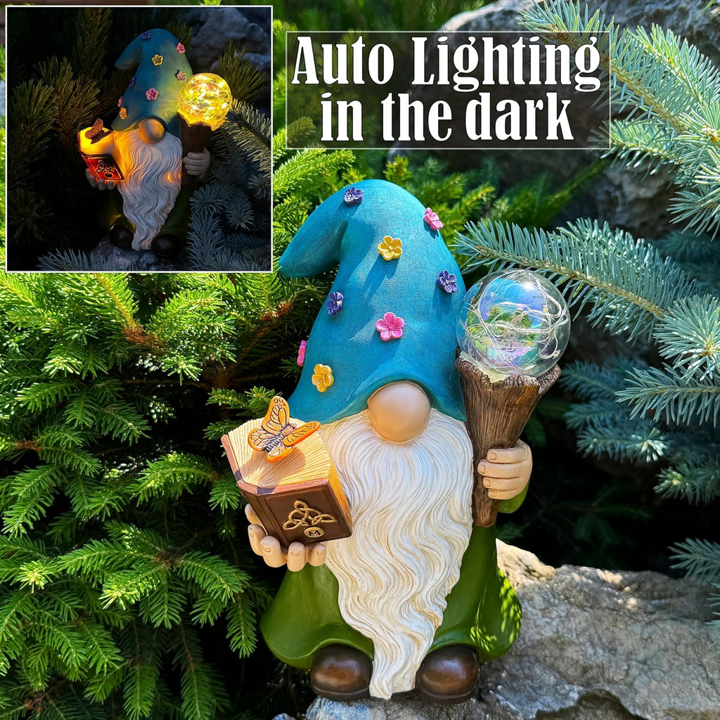 Garden Gnome - Solar Magician Gnome Figurine - 9.45 Inch Tall Decor Outdoor Lawn Statue with LED Lights