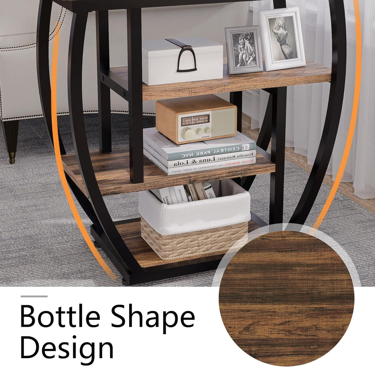 4-Tier End Table with Storage, Narrow Side Table for Living Room, Wood Sofa Side Table with Metal Frame, Industrial Bedside Table and Nightstand for Bedroom, Rustic Brown