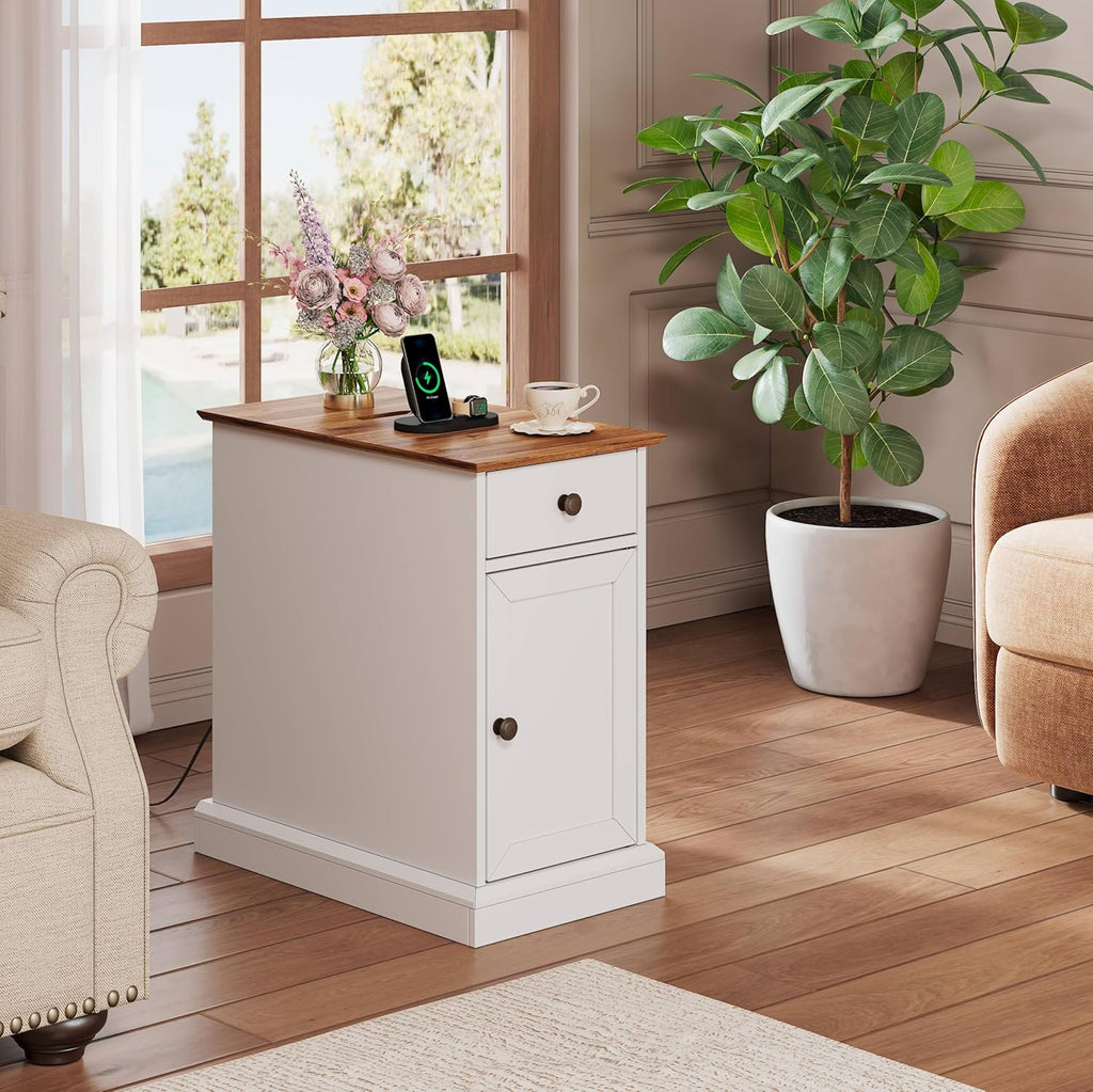 WLIVE End Table with Charging Station, Narrow Sied Table with Drawer & Cabinet, Side Table with Adjustable Shelf for Living Room/Bedroom, Farmhouse Nightstand with Hidden USB Ports and Outlets, White
