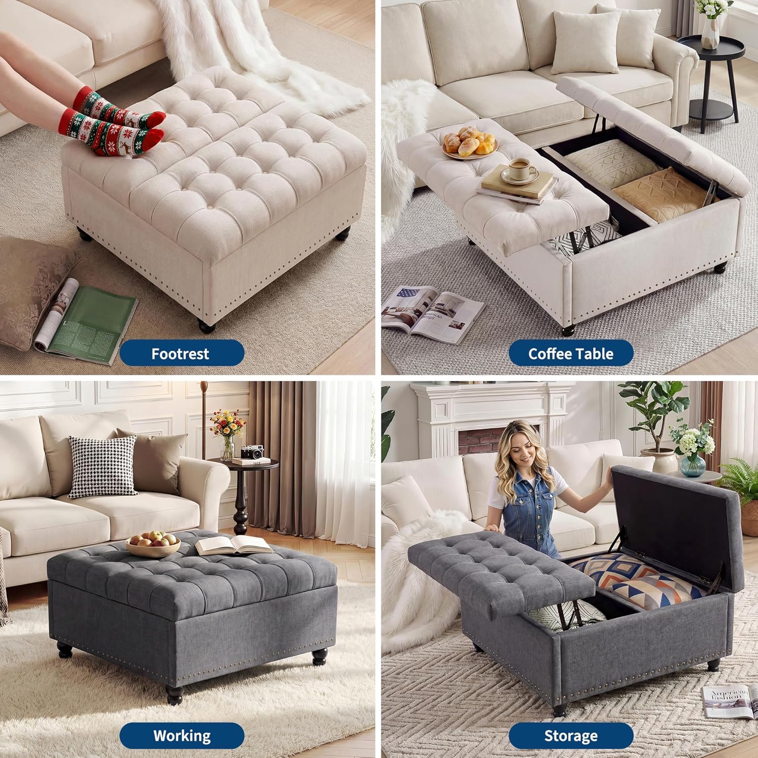36" Large Square Storage Ottoman with Lift Top, 300 LBS Tufted Upholstered Ottoman Coffee Table Bench with Study Wood Legs, Multi-Functional Footrest Storage Box for Living Room and Bedroom (Gray) ﻿