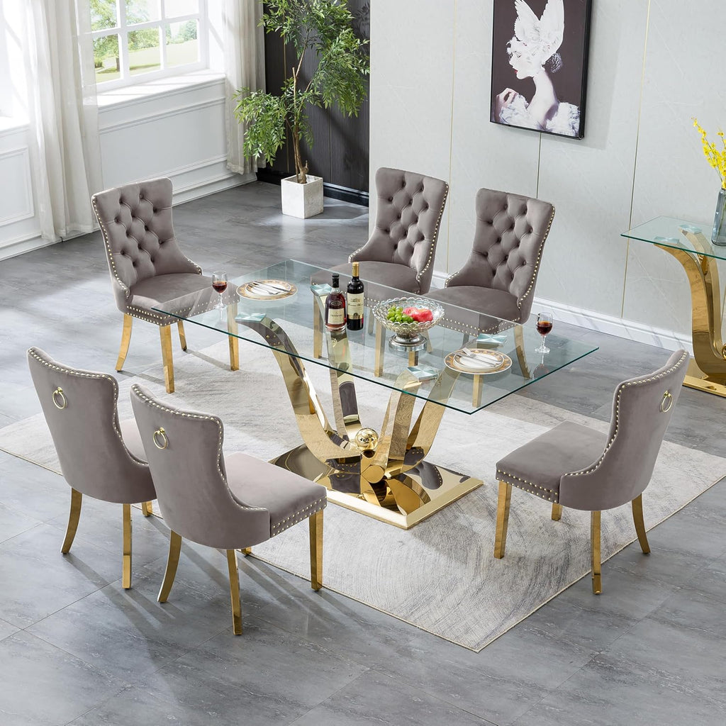 HomVent 70'' Glass Dining Table Set for 6, Modern Rectangle Glass Kitchen Table Set for 6, Kitchen Table and Chairs Set for 6 for Living Room,Kitchen