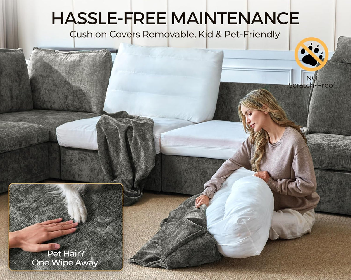 Oversized Modular Power Recliner Sofa Wall Hugger, Cloud Reclining Couch with Headrest, Storage Ottoman, Drawer Charging Cup Holder, Deep L-Shaped 6 Seater with Dual Electric Recliner, Chenille, Grey