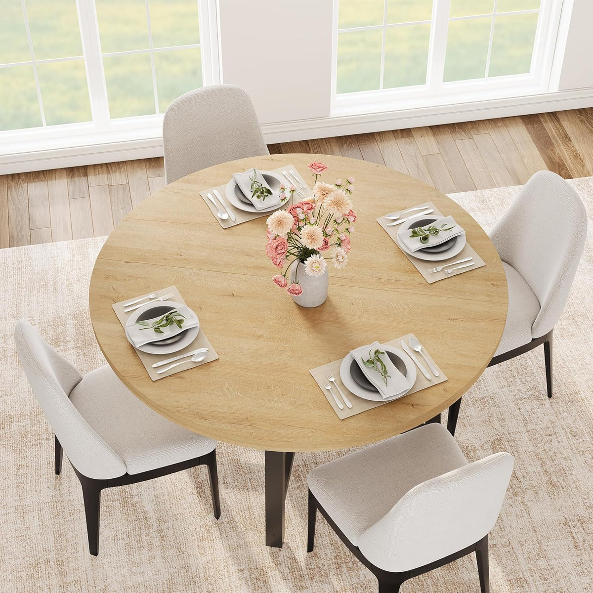 IDEALHOUSE 47" Round Dining Table for 4, Kitchen Dining Room Table with Sturdy Metal Frame, Wood Circle Kitchen Table for Space Saving - Natural Oak (No Chairs)