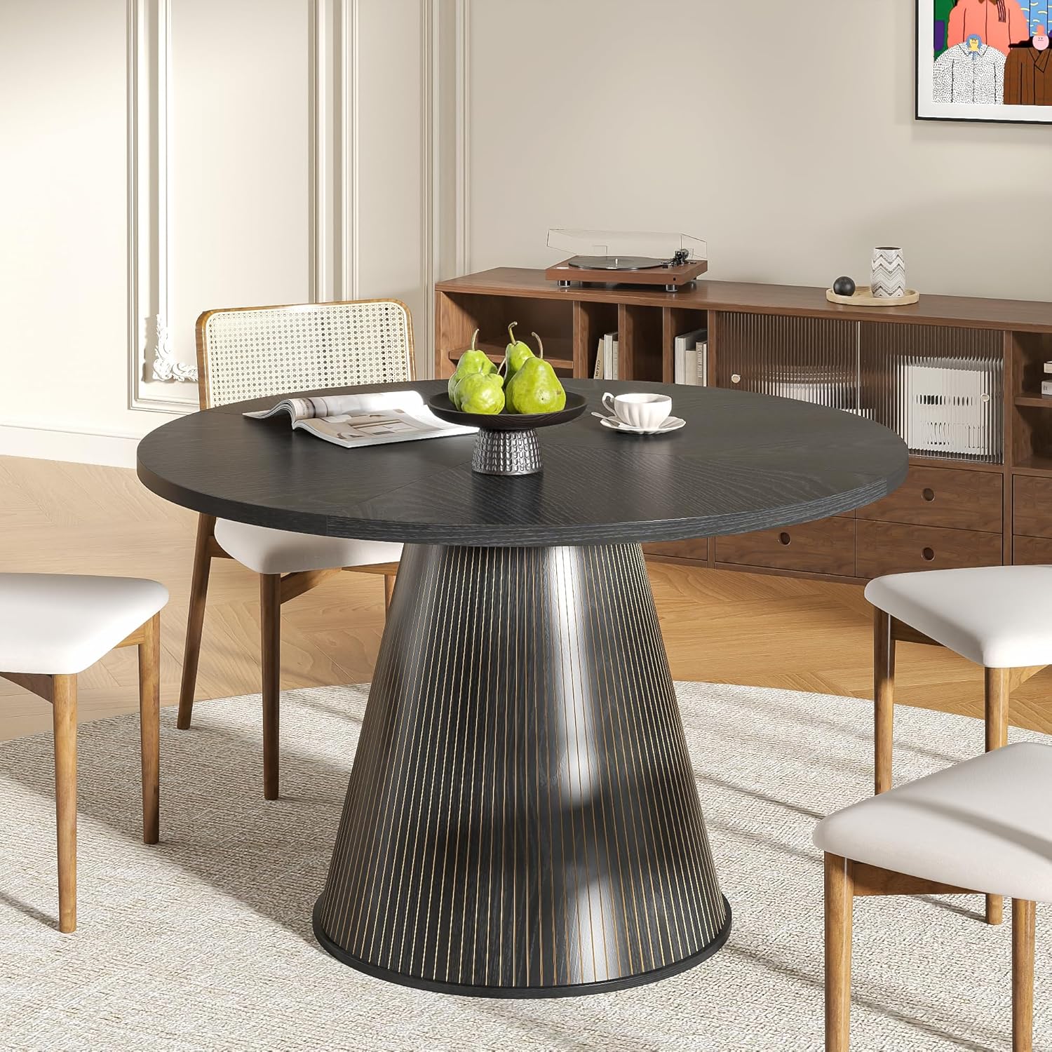 47 inch Round Dining Table for 4-6, Circle Kitchen Table with Sturdy Tapered Base, Mid Century Modern Fluted Dining Tables for Dining Room, Kitchen, Living Room (Black, 47inch)